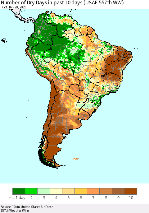 South America Number of Dry Days in past 10 days (USAF 557th WW) Thematic Map For 10/16/2023 - 10/20/2023