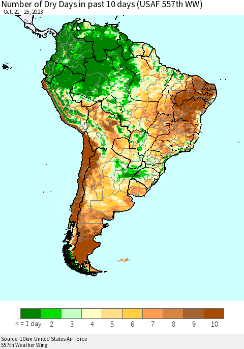 South America Number of Dry Days in past 10 days (USAF 557th WW) Thematic Map For 10/21/2023 - 10/25/2023