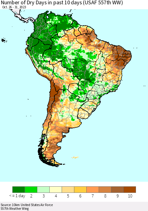 South America Number of Dry Days in past 10 days (USAF 557th WW) Thematic Map For 10/26/2023 - 10/31/2023