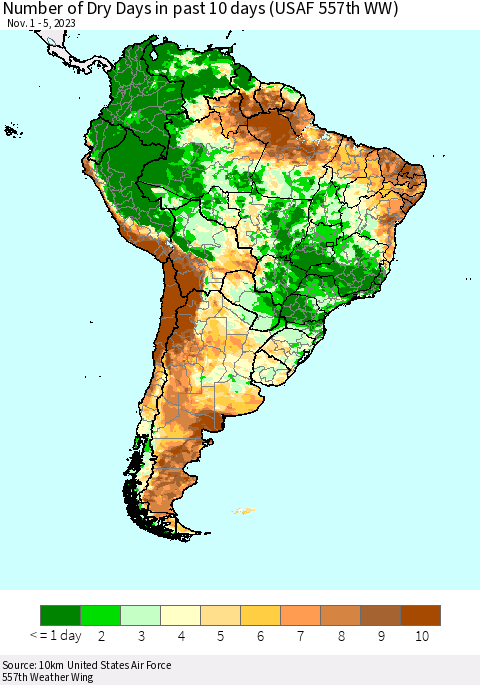 South America Number of Dry Days in past 10 days (USAF 557th WW) Thematic Map For 11/1/2023 - 11/5/2023