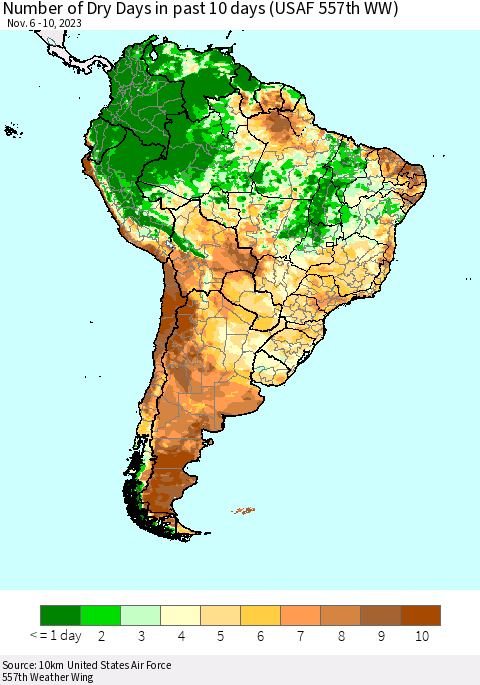 South America Number of Dry Days in past 10 days (USAF 557th WW) Thematic Map For 11/6/2023 - 11/10/2023