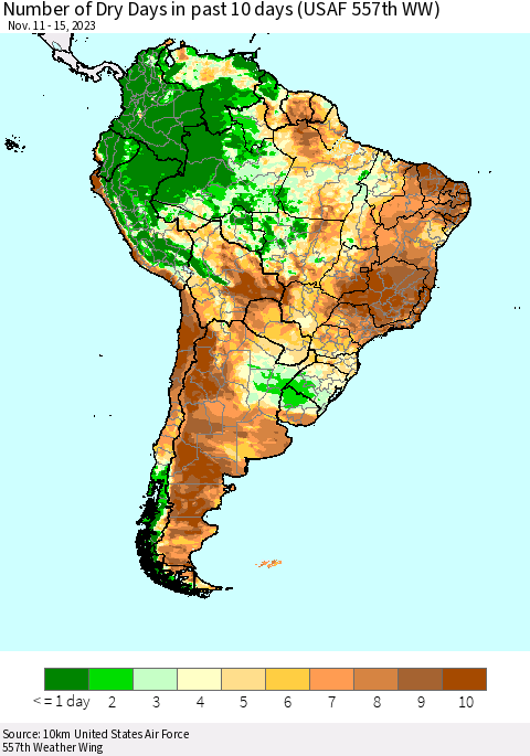 South America Number of Dry Days in past 10 days (USAF 557th WW) Thematic Map For 11/11/2023 - 11/15/2023