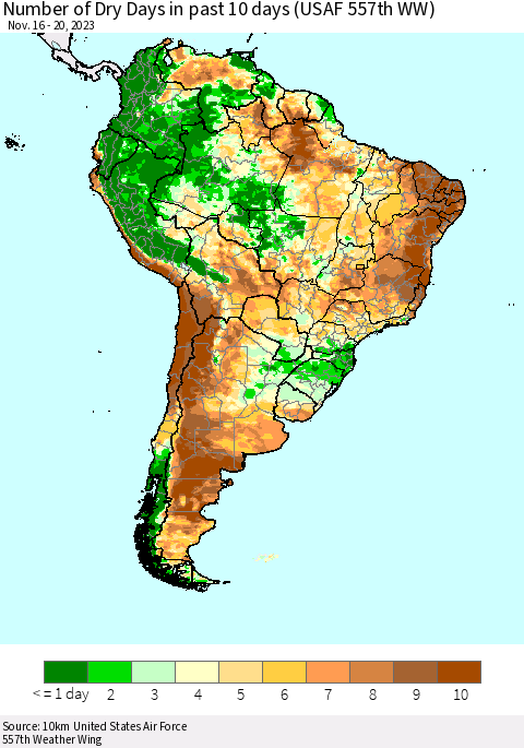 South America Number of Dry Days in past 10 days (USAF 557th WW) Thematic Map For 11/16/2023 - 11/20/2023
