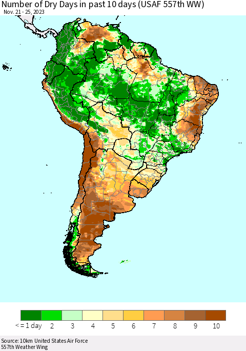 South America Number of Dry Days in past 10 days (USAF 557th WW) Thematic Map For 11/21/2023 - 11/25/2023