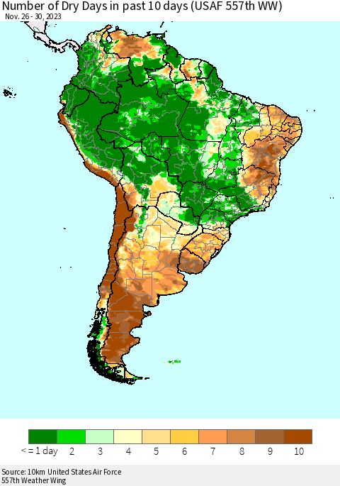 South America Number of Dry Days in past 10 days (USAF 557th WW) Thematic Map For 11/26/2023 - 11/30/2023