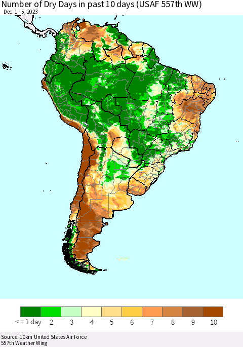 South America Number of Dry Days in past 10 days (USAF 557th WW) Thematic Map For 12/1/2023 - 12/5/2023