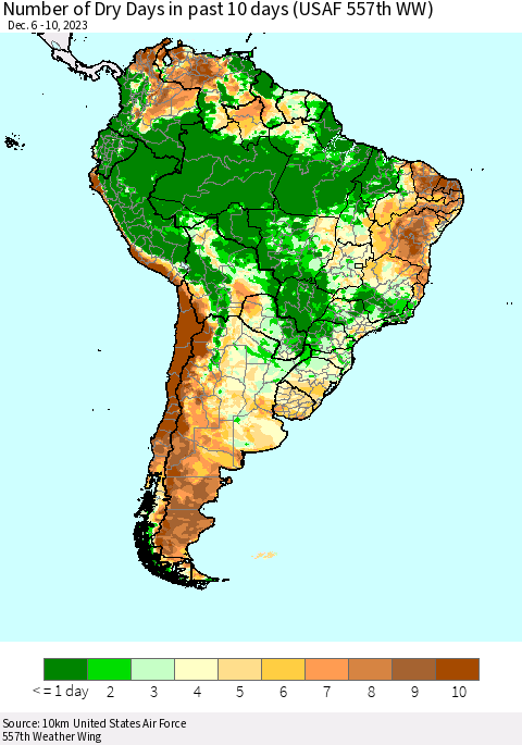 South America Number of Dry Days in past 10 days (USAF 557th WW) Thematic Map For 12/6/2023 - 12/10/2023