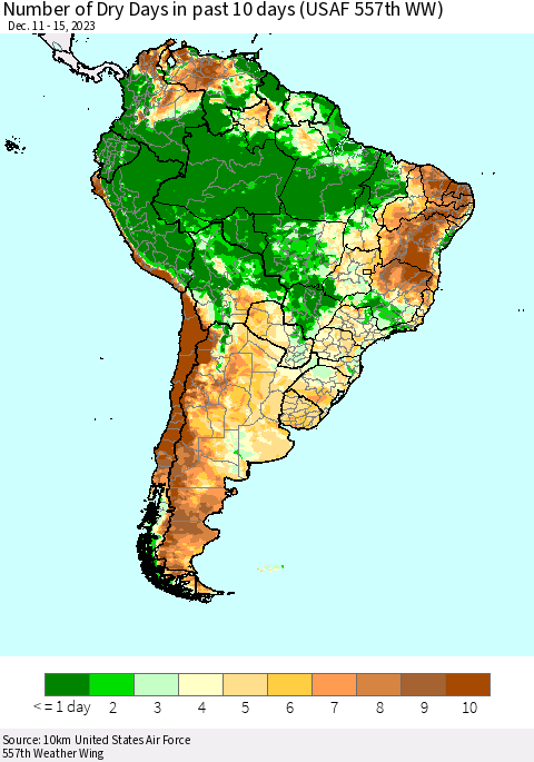 South America Number of Dry Days in past 10 days (USAF 557th WW) Thematic Map For 12/11/2023 - 12/15/2023