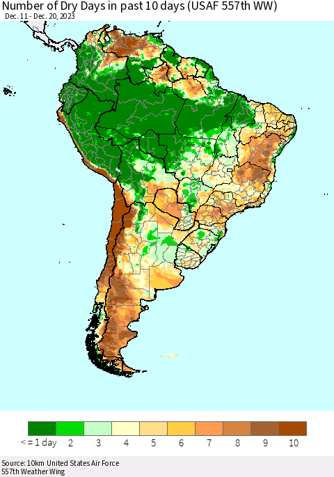 South America Number of Dry Days in past 10 days (USAF 557th WW) Thematic Map For 12/16/2023 - 12/20/2023
