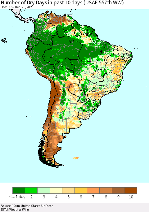South America Number of Dry Days in past 10 days (USAF 557th WW) Thematic Map For 12/21/2023 - 12/25/2023