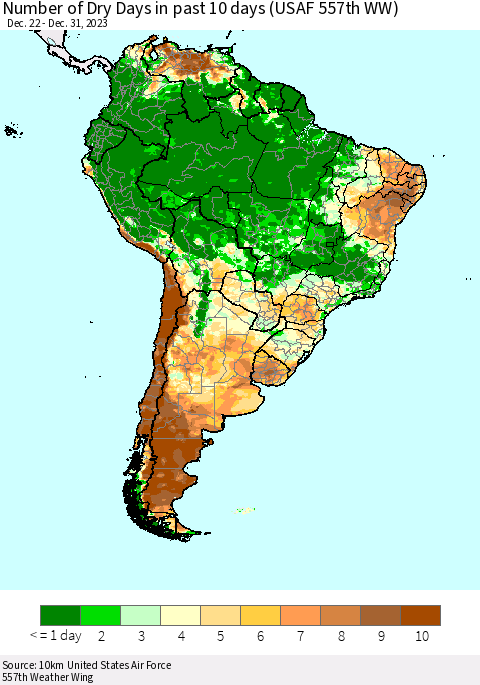 South America Number of Dry Days in past 10 days (USAF 557th WW) Thematic Map For 12/26/2023 - 12/31/2023