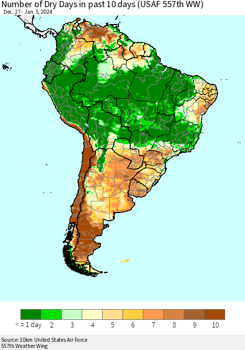 South America Number of Dry Days in past 10 days (USAF 557th WW) Thematic Map For 1/1/2024 - 1/5/2024