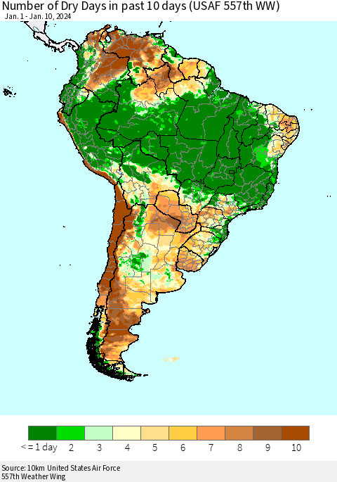 South America Number of Dry Days in past 10 days (USAF 557th WW) Thematic Map For 1/6/2024 - 1/10/2024