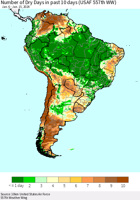 South America Number of Dry Days in past 10 days (USAF 557th WW) Thematic Map For 1/11/2024 - 1/15/2024