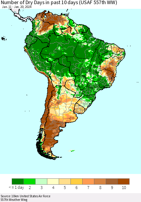 South America Number of Dry Days in past 10 days (USAF 557th WW) Thematic Map For 1/16/2024 - 1/20/2024