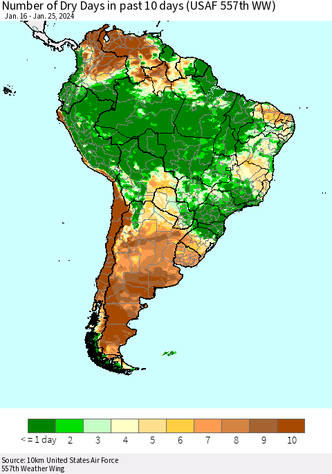 South America Number of Dry Days in past 10 days (USAF 557th WW) Thematic Map For 1/21/2024 - 1/25/2024