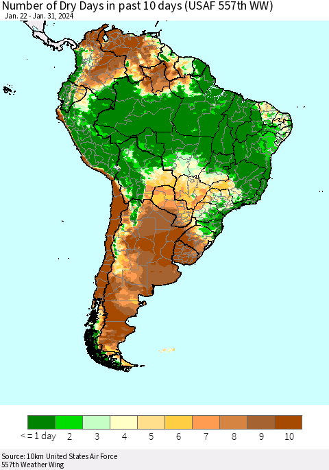 South America Number of Dry Days in past 10 days (USAF 557th WW) Thematic Map For 1/26/2024 - 1/31/2024