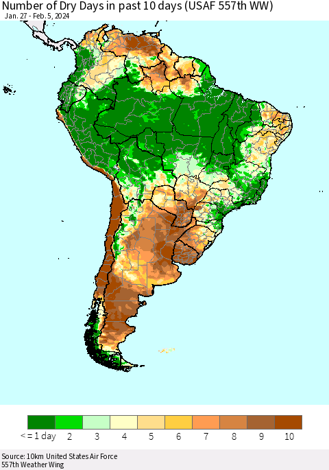 South America Number of Dry Days in past 10 days (USAF 557th WW) Thematic Map For 2/1/2024 - 2/5/2024