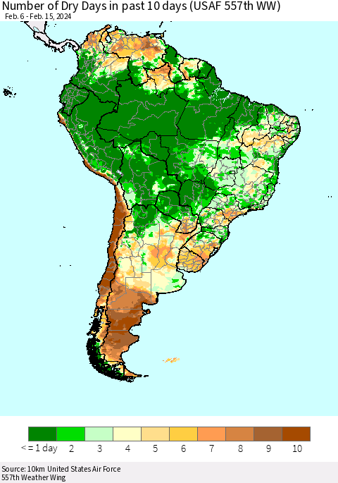 South America Number of Dry Days in past 10 days (USAF 557th WW) Thematic Map For 2/11/2024 - 2/15/2024