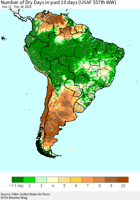 South America Number of Dry Days in past 10 days (USAF 557th WW) Thematic Map For 2/16/2024 - 2/20/2024