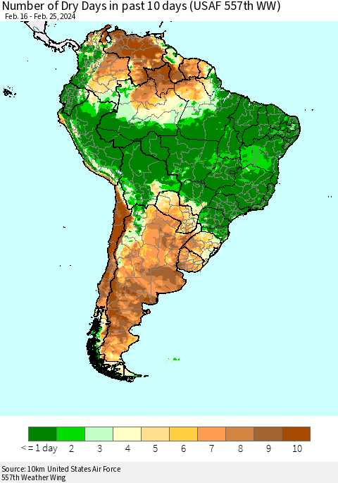 South America Number of Dry Days in past 10 days (USAF 557th WW) Thematic Map For 2/21/2024 - 2/25/2024