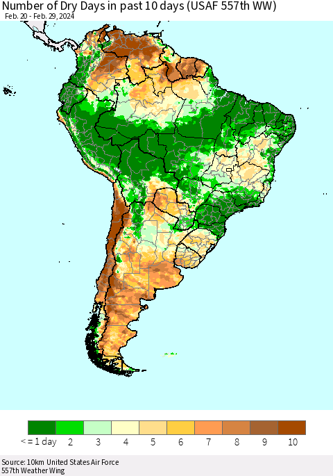 South America Number of Dry Days in past 10 days (USAF 557th WW) Thematic Map For 2/26/2024 - 2/29/2024