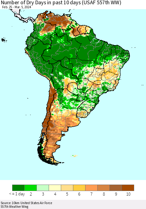 South America Number of Dry Days in past 10 days (USAF 557th WW) Thematic Map For 3/1/2024 - 3/5/2024