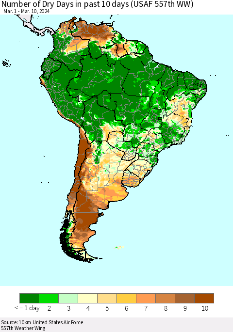 South America Number of Dry Days in past 10 days (USAF 557th WW) Thematic Map For 3/6/2024 - 3/10/2024