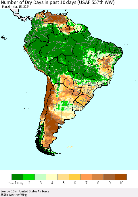 South America Number of Dry Days in past 10 days (USAF 557th WW) Thematic Map For 3/11/2024 - 3/15/2024