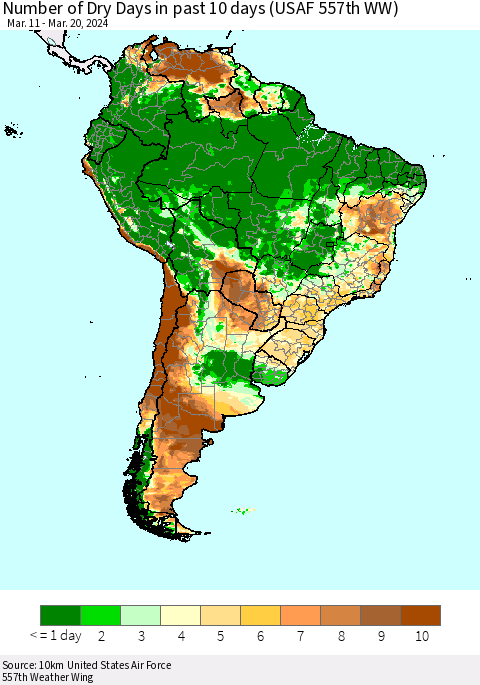 South America Number of Dry Days in past 10 days (USAF 557th WW) Thematic Map For 3/16/2024 - 3/20/2024