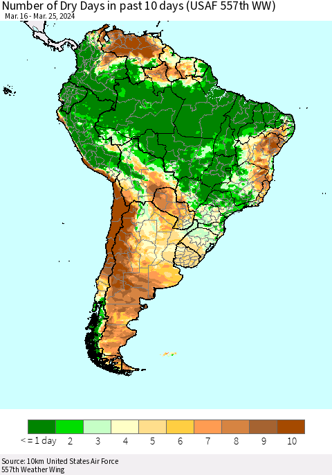 South America Number of Dry Days in past 10 days (USAF 557th WW) Thematic Map For 3/21/2024 - 3/25/2024