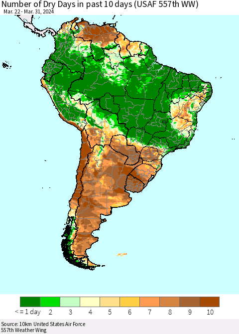 South America Number of Dry Days in past 10 days (USAF 557th WW) Thematic Map For 3/26/2024 - 3/31/2024