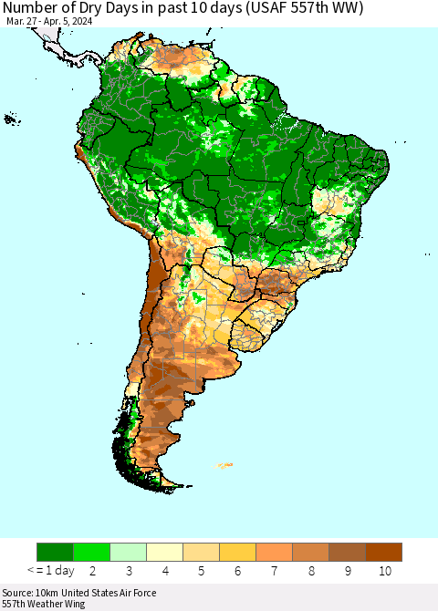 South America Number of Dry Days in past 10 days (USAF 557th WW) Thematic Map For 4/1/2024 - 4/5/2024