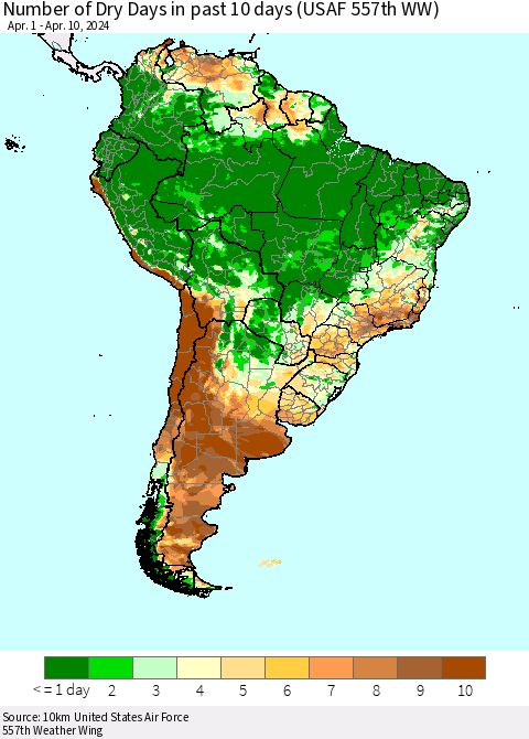 South America Number of Dry Days in past 10 days (USAF 557th WW) Thematic Map For 4/6/2024 - 4/10/2024