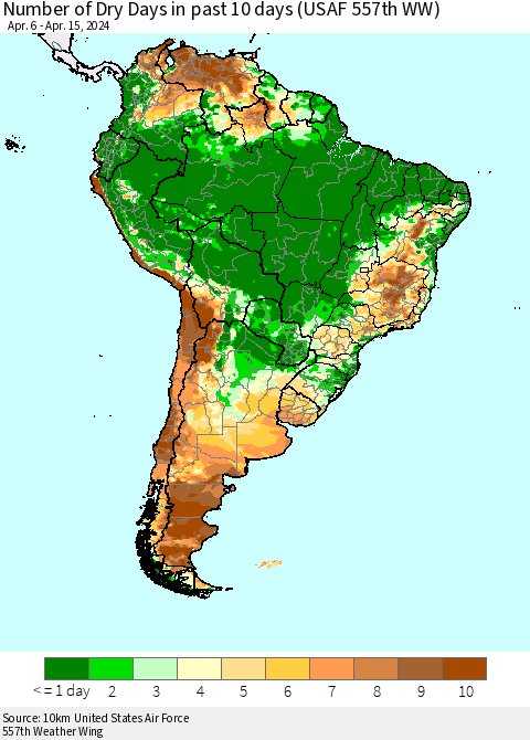 South America Number of Dry Days in past 10 days (USAF 557th WW) Thematic Map For 4/11/2024 - 4/15/2024