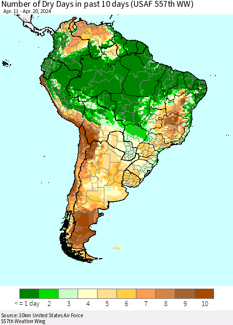 South America Number of Dry Days in past 10 days (USAF 557th WW) Thematic Map For 4/16/2024 - 4/20/2024