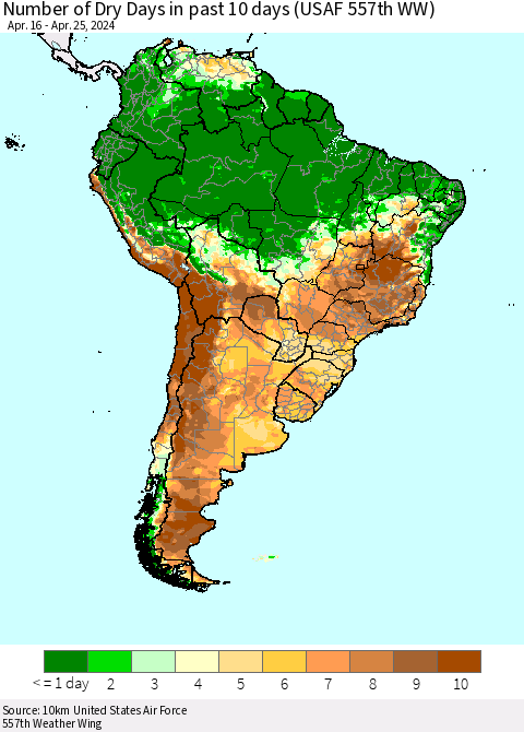 South America Number of Dry Days in past 10 days (USAF 557th WW) Thematic Map For 4/21/2024 - 4/25/2024