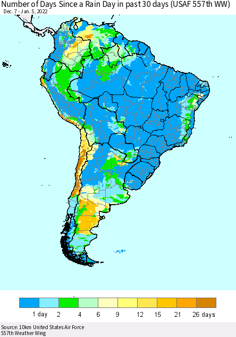 South America Number of Days Since a Rain Day in past 30 days (USAF 557th WW) Thematic Map For 1/1/2022 - 1/5/2022
