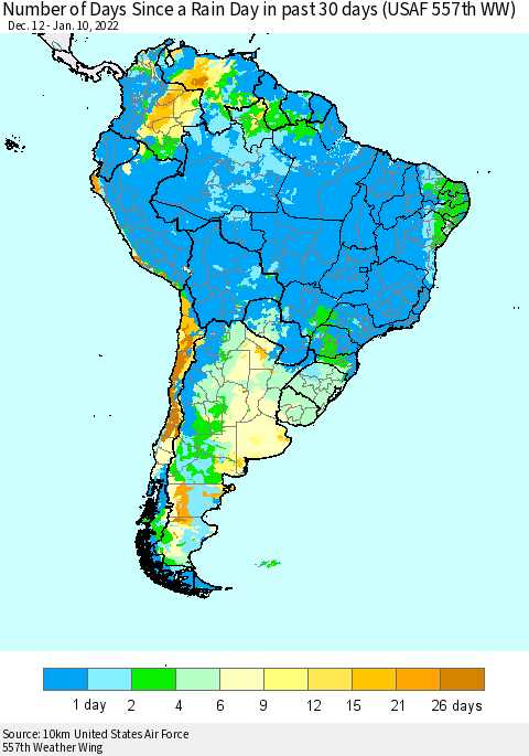 South America Number of Days Since a Rain Day in past 30 days (USAF 557th WW) Thematic Map For 1/6/2022 - 1/10/2022