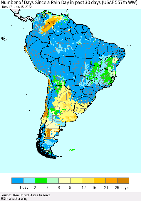 South America Number of Days Since a Rain Day in past 30 days (USAF 557th WW) Thematic Map For 1/11/2022 - 1/15/2022