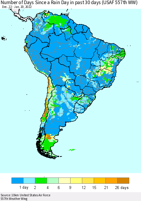 South America Number of Days Since a Rain Day in past 30 days (USAF 557th WW) Thematic Map For 1/16/2022 - 1/20/2022