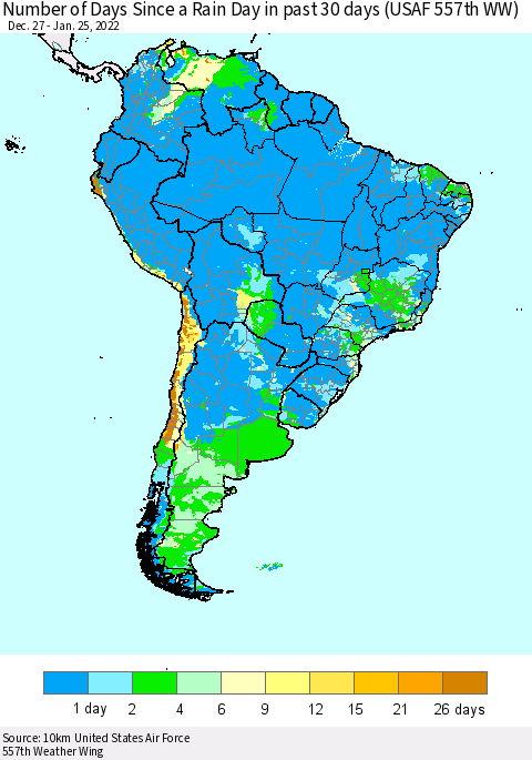 South America Number of Days Since a Rain Day in past 30 days (USAF 557th WW) Thematic Map For 1/21/2022 - 1/25/2022
