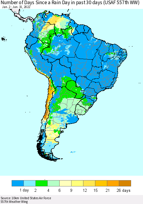 South America Number of Days Since a Rain Day in past 30 days (USAF 557th WW) Thematic Map For 1/26/2022 - 1/31/2022