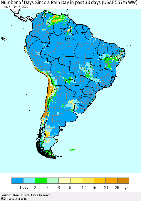 South America Number of Days Since a Rain Day in past 30 days (USAF 557th WW) Thematic Map For 2/1/2022 - 2/5/2022