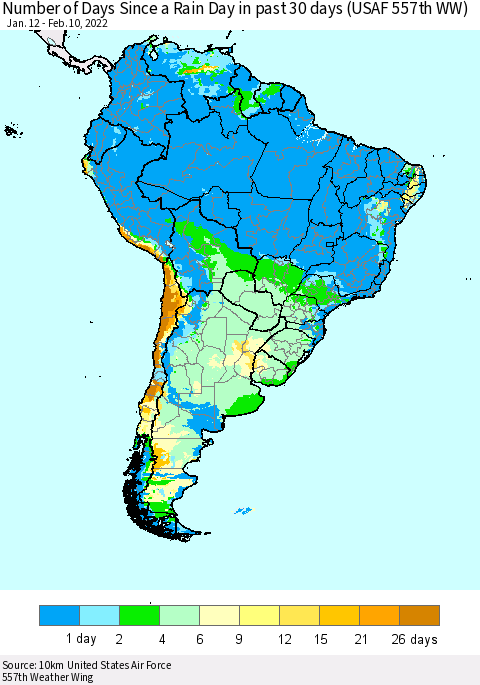 South America Number of Days Since a Rain Day in past 30 days (USAF 557th WW) Thematic Map For 2/6/2022 - 2/10/2022