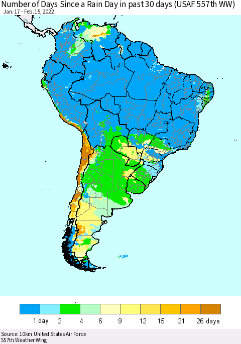 South America Number of Days Since a Rain Day in past 30 days (USAF 557th WW) Thematic Map For 2/11/2022 - 2/15/2022