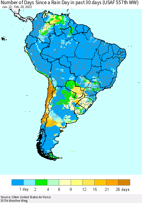 South America Number of Days Since a Rain Day in past 30 days (USAF 557th WW) Thematic Map For 2/16/2022 - 2/20/2022