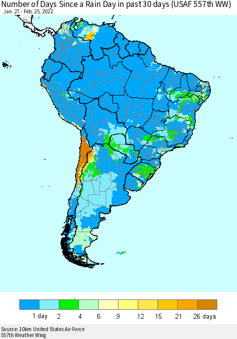 South America Number of Days Since a Rain Day in past 30 days (USAF 557th WW) Thematic Map For 2/21/2022 - 2/25/2022
