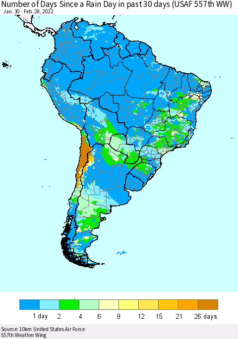 South America Number of Days Since a Rain Day in past 30 days (USAF 557th WW) Thematic Map For 2/26/2022 - 2/28/2022