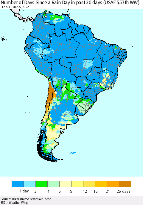 South America Number of Days Since a Rain Day in past 30 days (USAF 557th WW) Thematic Map For 3/1/2022 - 3/5/2022